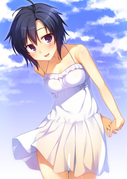 Anime picture 1240x1754 with idolmaster kikuchi makoto racer (magnet) single tall image looking at viewer blush short hair open mouth blue eyes black hair bare shoulders sky cloud (clouds) girl dress sundress