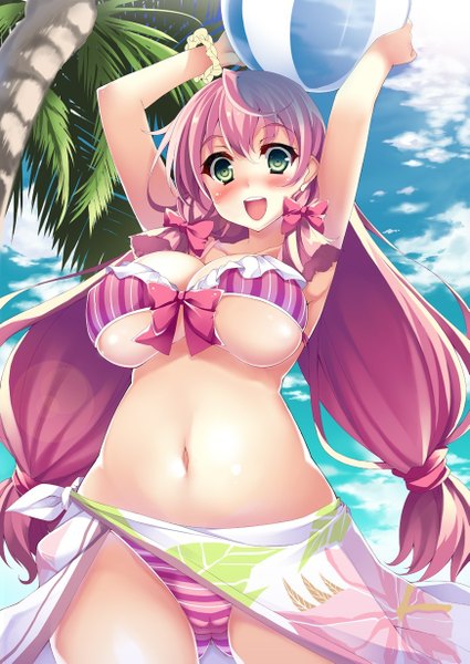Anime picture 871x1229 with kantai collection akashi repair ship kusano (torisukerabasu) single long hair tall image looking at viewer blush fringe open mouth light erotic smile twintails green eyes pink hair sky cloud (clouds) arms up alternate costume low twintails