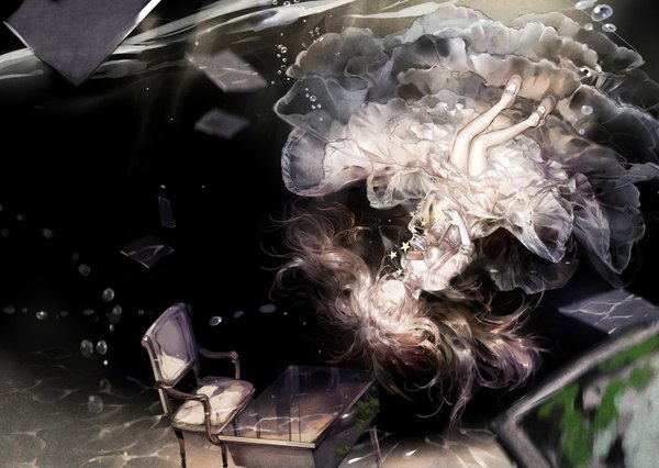 Аниме картинка 1500x1066 с оригинальное изображение susu (artist) один (одна) длинные волосы розовые волосы закрытые глаза под водой вверх ногами абстрактный девушка платье книга (книги) звезда (звёзды) стул пузырь (пузыри) стол стеклянная банка