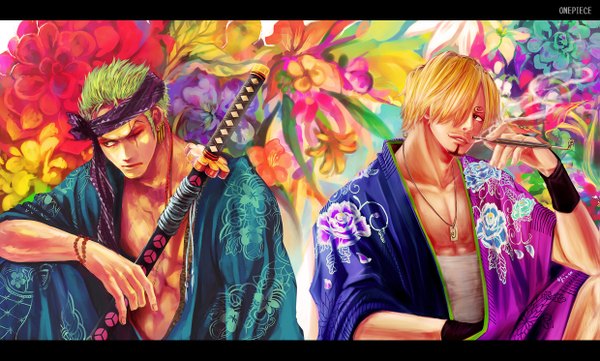 Anime picture 1239x746 with one piece toei animation roronoa zoro sanji tsuyomaru fringe short hair blonde hair wide image sitting japanese clothes one eye closed green hair wink hair over one eye multiple boys scar smoke smoking boy