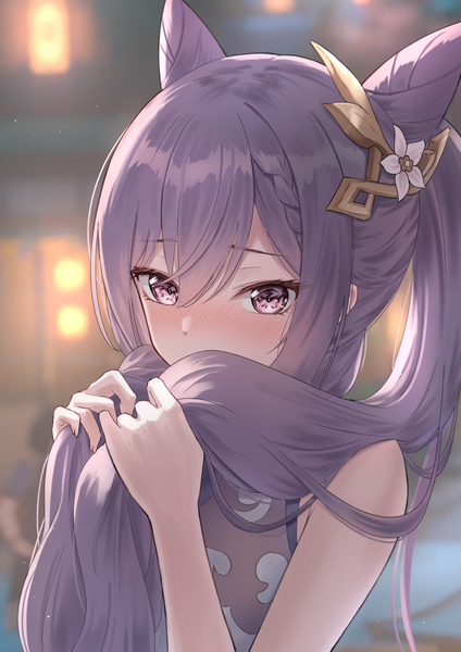 Anime picture 4961x7016 with genshin impact keqing (genshin impact) marinesnow single long hair tall image looking at viewer blush fringe highres hair between eyes purple eyes absurdres purple hair upper body hair bun (hair buns) embarrassed sleeveless covered mouth holding hair