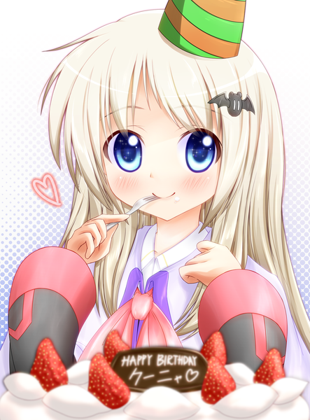 Anime picture 1181x1600 with little busters! key (studio) noumi kudryavka shirotoshi (artist) single long hair tall image looking at viewer blue eyes white hair loli happy birthday girl hat food sweets berry (berries) cake strawberry party hat