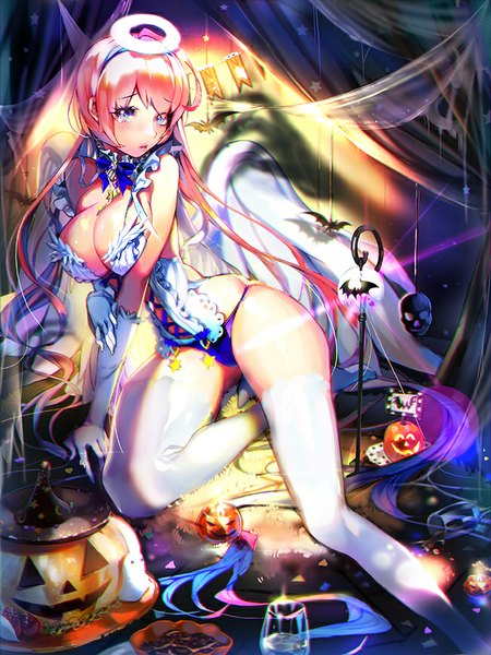 Anime picture 650x867 with furyou michi ~gang road~ imp single long hair tall image looking at viewer fringe breasts blue eyes light erotic large breasts sitting bare shoulders pink hair bent knee (knees) shadow kneeling angel wings lacing white wings