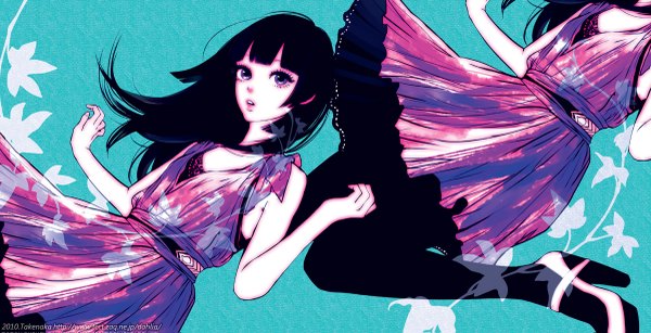 Anime picture 1200x615 with original takenaka single looking at viewer fringe open mouth black hair wide image purple eyes high heels sleeveless blue background pale skin fashion girl dress plant (plants) pantyhose lace