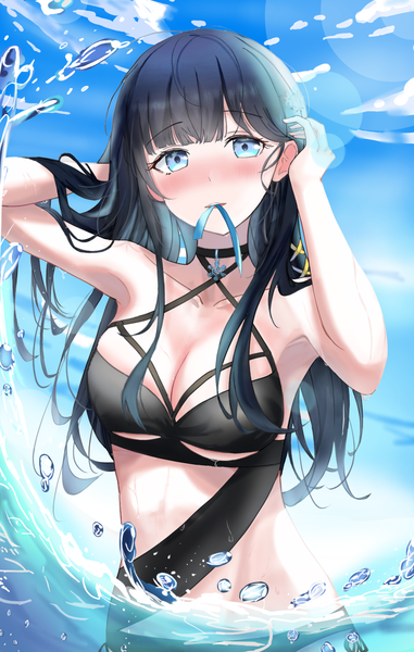 Anime picture 1080x1700 with mahouka koukou no rettousei shiba miyuki azureareas17 single long hair tall image looking at viewer blush fringe blue eyes light erotic black hair standing holding sky cloud (clouds) outdoors blunt bangs arms up partially submerged