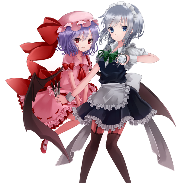 Anime picture 1000x1022 with touhou remilia scarlet izayoi sakuya ame usako tall image short hair blue eyes simple background red eyes white background multiple girls silver hair purple hair girl thighhighs dress bow black thighhighs 2 girls wings