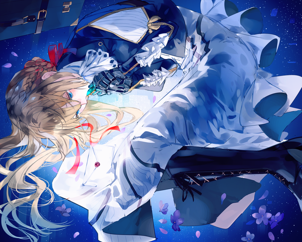 Anime picture 1246x1000 with violet evergarden kyoto animation violet evergarden (character) syokumura single long hair blue eyes blonde hair looking away lying on side mechanical arms girl dress flower (flowers) ribbon (ribbons) hair ribbon petals knee boots letter
