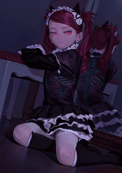 Anime picture 1800x2546 with original fkey single long hair tall image looking at viewer fringe highres red eyes sitting twintails animal ears red hair indoors fake animal ears reflection frilled dress lolita fashion yokozuwari goth-loli