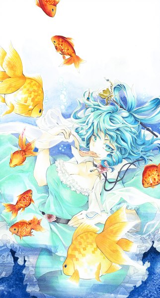 Anime picture 1000x1860 with touhou kaku seiga socha single tall image looking at viewer short hair blue eyes holding blue hair cleavage mouth hold drill hair underwater traditional media watercolor (medium) girl dress hair ornament animal