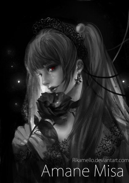 Anime picture 2500x3556 with death note madhouse amane misa rikamello single long hair tall image looking at viewer highres red eyes twintails signed realistic character names tears monochrome portrait lolita fashion goth-loli girl