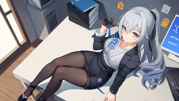 Anime picture 4759x2677 with honkai impact 3rd honkai (series) bronya zaychik huang tie lin single long hair blush fringe highres blue eyes hair between eyes wide image sitting payot looking away absurdres silver hair ponytail indoors from above