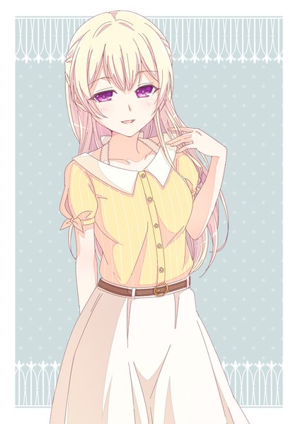 Anime picture 632x900 with bang dream! shirasagi chisato e20 single long hair tall image looking at viewer blush fringe open mouth blonde hair smile standing purple eyes payot grey background adjusting hair border half updo polka dot