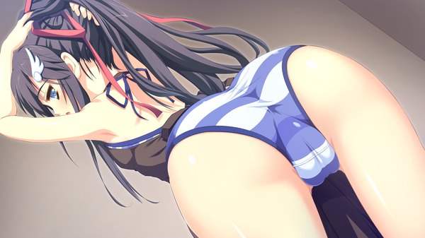 Anime picture 2560x1440 with naka no hito nado inai hondou ayano nimura yuuji long hair highres blue eyes light erotic black hair wide image standing game cg ass ponytail looking back leaning leaning forward cameltoe arched back girl hair ornament
