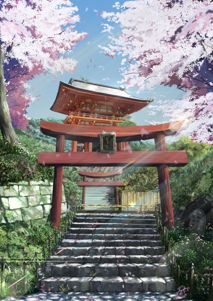 Anime picture 2480x3508 with original niko p tall image highres signed sunlight cherry blossoms no people landscape sunbeam scenic plant (plants) petals tree (trees) stairs torii bushes shrine