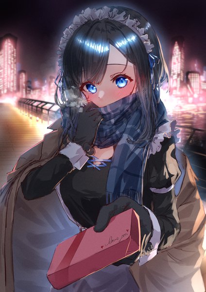 Anime picture 4093x5787 with original eshineko single long hair tall image blush highres blue eyes black hair absurdres outdoors night maid embarrassed covered mouth valentine clothes on shoulders city lights girl gloves