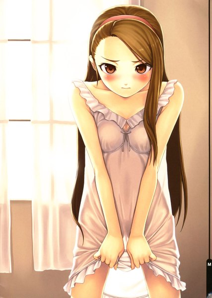 Anime picture 2133x3000 with idolmaster idolmaster (classic) minase iori tanaka shoutarou single long hair tall image looking at viewer blush highres breasts light erotic red eyes brown hair brown eyes scan embarrassed see-through silhouette girl dress