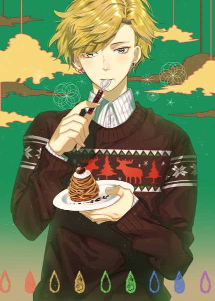 Anime picture 3034x4236 with original tsugumi (pixiv4979659) single tall image looking at viewer blush fringe highres short hair blonde hair standing purple eyes holding absurdres upper body mole christmas eating mole under mouth green background