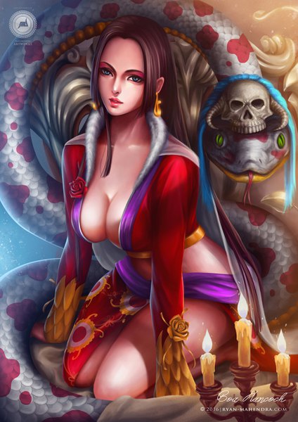 Anime picture 1920x2715 with one piece toei animation boa hancock salome (one piece) ryanmahendra single long hair tall image looking at viewer highres breasts blue eyes light erotic black hair large breasts sitting signed cleavage long sleeves parted lips