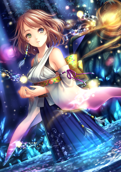 Anime picture 1000x1414 with final fantasy final fantasy x square enix yuna (ff10) tidsean single tall image looking at viewer short hair brown hair bare shoulders tears heterochromia girl dress plant (plants) detached sleeves tree (trees) water