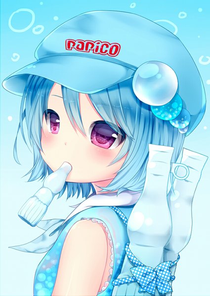 Anime picture 707x998 with original papico (ice cream) papico nachi single tall image blush short hair holding blue hair pink eyes looking back loli mouth hold close-up clothes writing girl bow beads flat cap