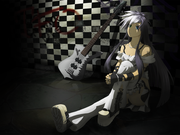 Anime picture 2048x1536 with tagme (artist) single long hair highres blue eyes silver hair torn clothes checkered background leg hug girl musical instrument guitar