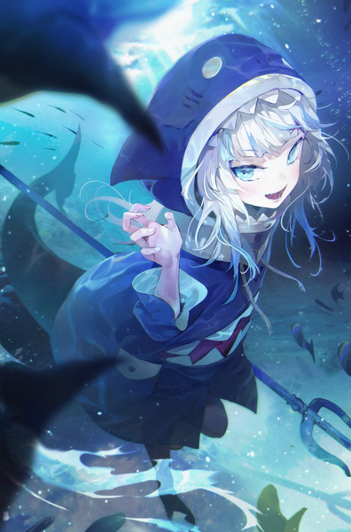 Anime picture 2000x3030 with virtual youtuber hololive hololive english gawr gura gawr gura (1st costume) a2ki single long hair tall image looking at viewer highres open mouth blue eyes white hair tail :d multicolored hair streaked hair underwater girl