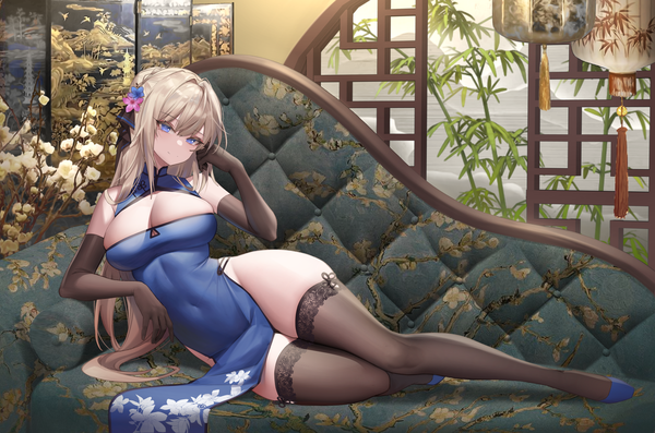 Anime picture 5374x3552 with original chomong single long hair looking at viewer fringe highres breasts blue eyes light erotic blonde hair smile hair between eyes large breasts absurdres cleavage full body indoors traditional clothes arm up