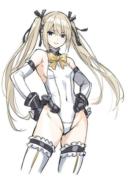 Anime picture 579x819 with dead or alive marie rose saitom single long hair tall image looking at viewer fringe blue eyes light erotic simple background blonde hair standing white background twintails armpit (armpits) sideboob covered navel hands on hips jpeg artifacts