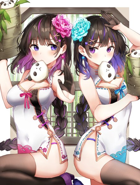 Anime picture 1000x1328 with original rangu tall image blush fringe breasts light erotic black hair large breasts standing purple eyes bare shoulders multiple girls holding payot looking away cleavage bent knee (knees) indoors blunt bangs