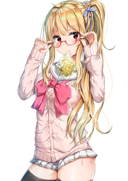 Anime picture 1240x1754 with virtual youtuber moroboshi meroko moroboshi meroko (character) kuria (clear trip second) single long hair tall image looking at viewer blush fringe light erotic simple background blonde hair hair between eyes red eyes standing white background holding payot ahoge