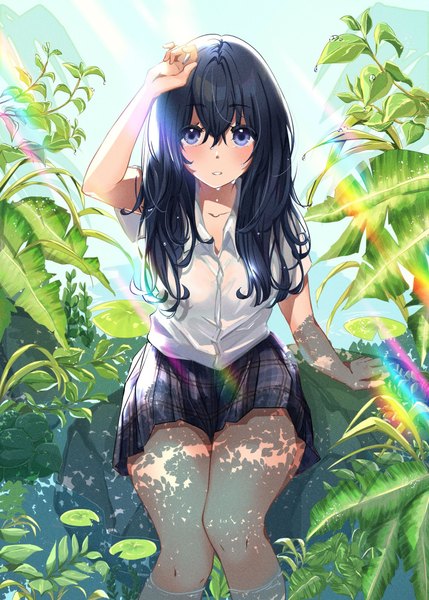 Anime picture 1464x2048 with original amaimomo single long hair tall image looking at viewer blush fringe breasts blue eyes black hair hair between eyes sitting sky bent knee (knees) outdoors parted lips pleated skirt arm up sunlight