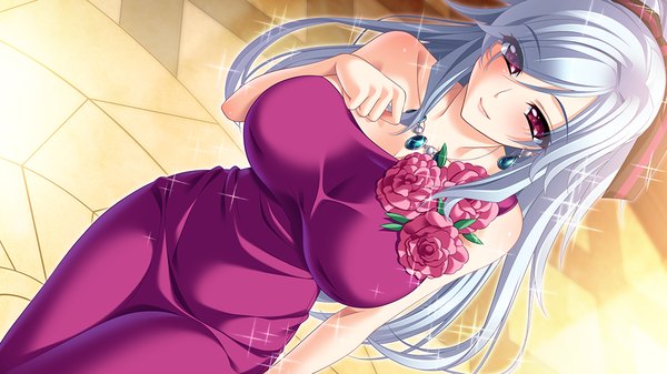 Anime picture 1024x576 with silicon magic phi (silicon magic) long hair breasts light erotic red eyes wide image large breasts game cg silver hair girl dress earrings necklace