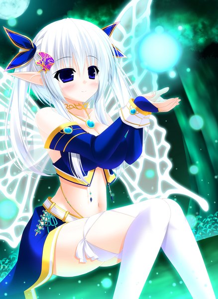 Anime picture 1174x1607 with original yunagi amane single long hair tall image blush blue eyes sitting white hair pointy ears insect wings butterfly wings girl thighhighs navel bow hair bow white thighhighs wings
