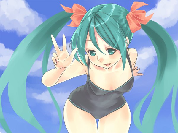 Anime picture 1024x768 with vocaloid hatsune miku gk long hair blue eyes twintails blue hair leaning leaning forward victory girl swimsuit one-piece swimsuit black swimsuit