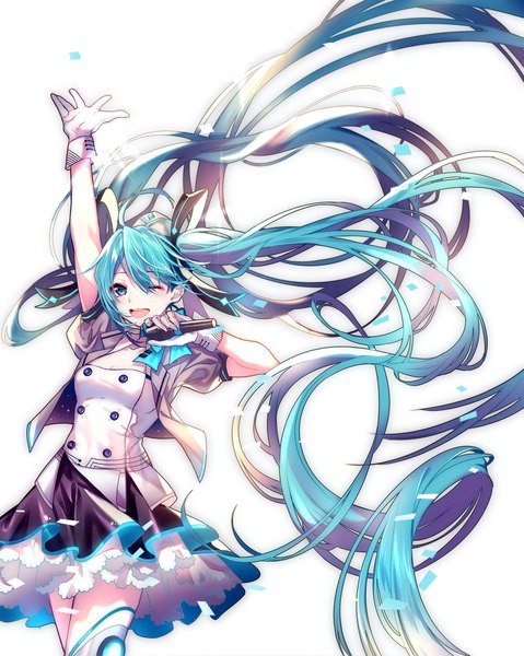 Anime picture 1500x1879 with vocaloid hatsune miku akira (ying) single tall image looking at viewer blush fringe open mouth blue eyes simple background smile hair between eyes standing white background twintails holding ahoge one eye closed arm up