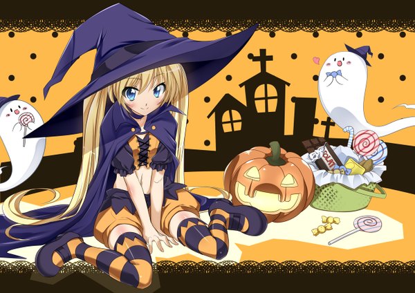 Anime picture 1280x905 with mtu (orewamuzituda) long hair blue eyes blonde hair smile twintails loli halloween ghost witch girl thighhighs food sweets cloak witch hat striped thighhighs vegetables jack-o'-lantern pumpkin