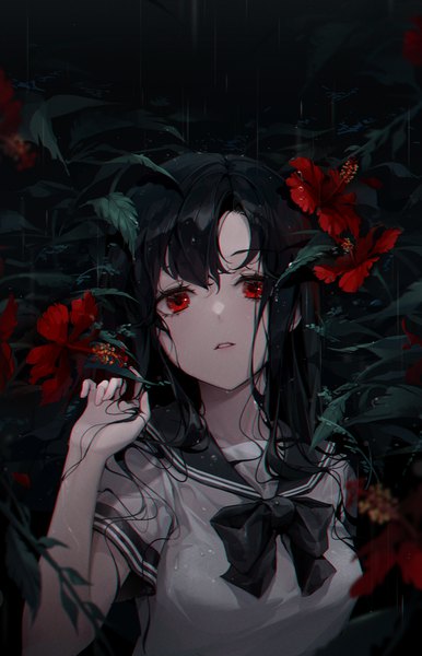 Anime picture 3000x4660 with original ttosom single long hair tall image looking at viewer fringe highres black hair hair between eyes red eyes upper body parted lips arm up short sleeves wet rain wet clothes anaglyph girl