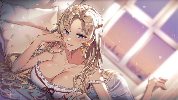 Anime picture 2667x1500 with original s2mias2 single long hair looking at viewer blush fringe highres breasts open mouth blue eyes light erotic blonde hair smile wide image large breasts indoors lying :d barefoot
