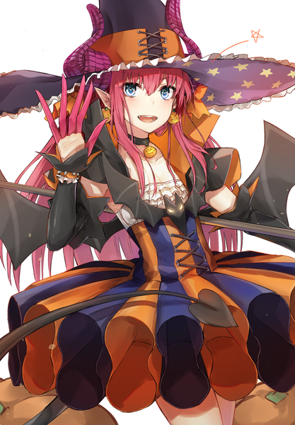 Anime picture 1618x2329 with fate (series) fate/grand order elizabeth bathory (fate) (all) elizabeth bathory (halloween caster) (fate) black cola single long hair tall image fringe open mouth blue eyes simple background hair between eyes white background pink hair tail :d horn (horns) pointy ears halloween