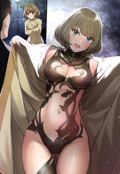 Anime picture 900x1300 with idolmaster idolmaster cinderella girls idolmaster cinderella girls starlight stage takagaki kaede kazu tall image looking at viewer blush fringe short hair breasts open mouth blue eyes light erotic black hair smile brown hair large breasts standing green eyes