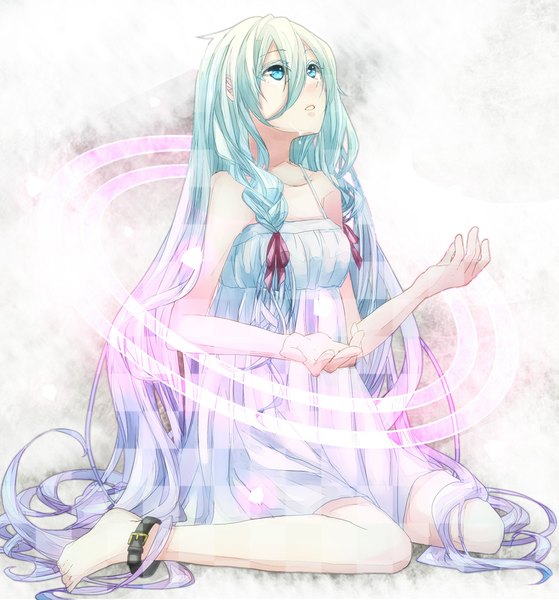 Anime picture 1000x1072 with vocaloid pixiv ia (vocaloid) single tall image open mouth blue eyes white background sitting blue hair braid (braids) very long hair barefoot twin braids looking up girl dress white dress