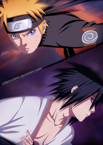 Anime picture 775x1093 with naruto studio pierrot naruto (series) uzumaki naruto uchiha sasuke inferno2446 tall image short hair black hair blonde hair red eyes purple eyes profile coloring facial mark whisker markings jinchuriki sharingan boy vest