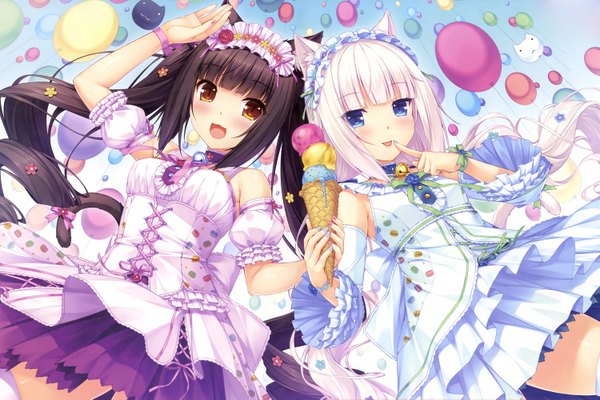 Anime picture 1500x1001 with neko paradise neko works (studio) vanilla (nekopara) chocola (nekopara) sayori long hair blush fringe short hair breasts open mouth blue eyes brown hair twintails multiple girls brown eyes animal ears white hair cat ears finger to mouth