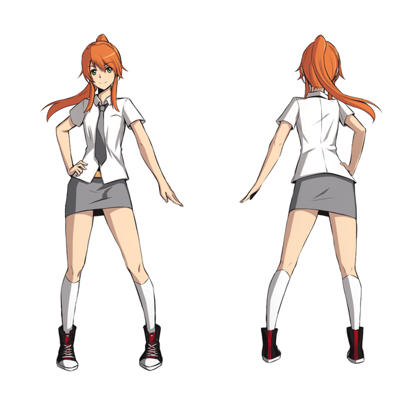 Anime picture 1000x1000 with original thousand characters project (hananon) mai (thousand characters project) hananon single long hair looking at viewer fringe simple background smile white background green eyes ponytail from behind orange hair hand on hip girl skirt shirt socks