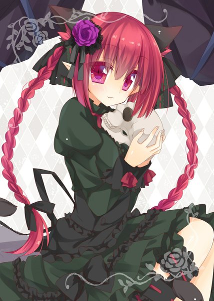 Anime picture 800x1120 with touhou kaenbyou rin mao (alepricos) long hair tall image looking at viewer red eyes animal ears red hair tail braid (braids) animal tail cat ears cat girl cat tail extra ears girl dress bow hair bow