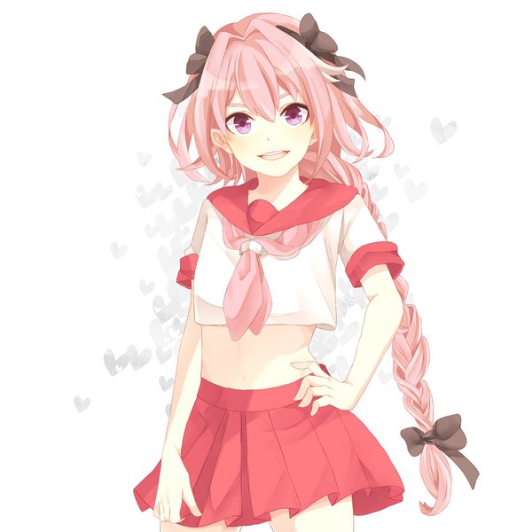 Anime picture 1500x1500 with fate (series) fate/apocrypha astolfo (fate) hachimitsu monte single long hair looking at viewer fringe simple background hair between eyes standing white background purple eyes pink hair braid (braids) pleated skirt midriff hand on hip single braid otoko no ko