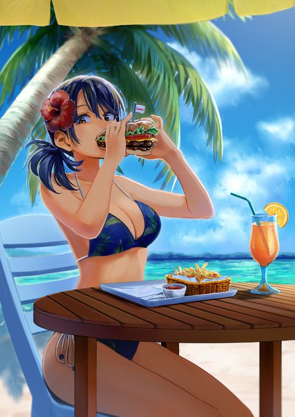 Anime picture 752x1062 with original nashigaya koyomi single tall image looking at viewer fringe short hair breasts light erotic hair between eyes sitting bare shoulders holding brown eyes blue hair sky cloud (clouds) outdoors hair flower bare legs