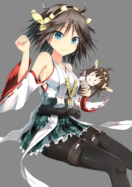 Anime picture 1060x1500 with kantai collection kongou battleship hiei battleship sune (mugendai) single long hair tall image looking at viewer short hair blue eyes simple background smile brown hair sitting bare shoulders grey background nontraditional miko girl pantyhose thigh boots