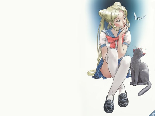 Anime picture 1365x1024 with bishoujo senshi sailor moon toei animation tsukino usagi luna (sailor moon) whiskypaint blush blue eyes simple background blonde hair sitting twintails crossed legs finger to mouth looking up girl thighhighs uniform school uniform animal white thighhighs