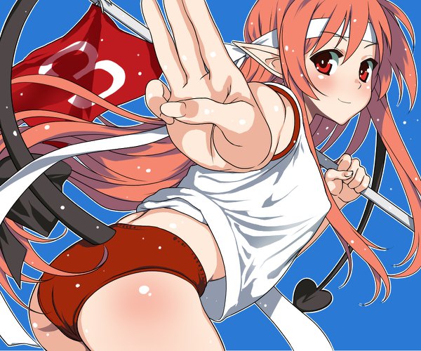 Anime picture 1200x1000 with maou no kuse ni namaiki da! pertsovka noru angelica mahan single long hair looking at viewer blush light erotic simple background smile red eyes ass red hair tail looking back fingernails pointy ears orange hair shiny skin covered nipples